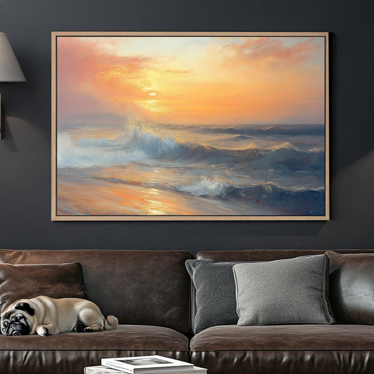 Golden sunset over ocean waves, textured impressionist wall art for coastal decor.