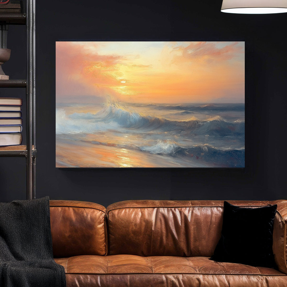 Golden sunset over ocean waves, textured impressionist wall art for coastal decor.