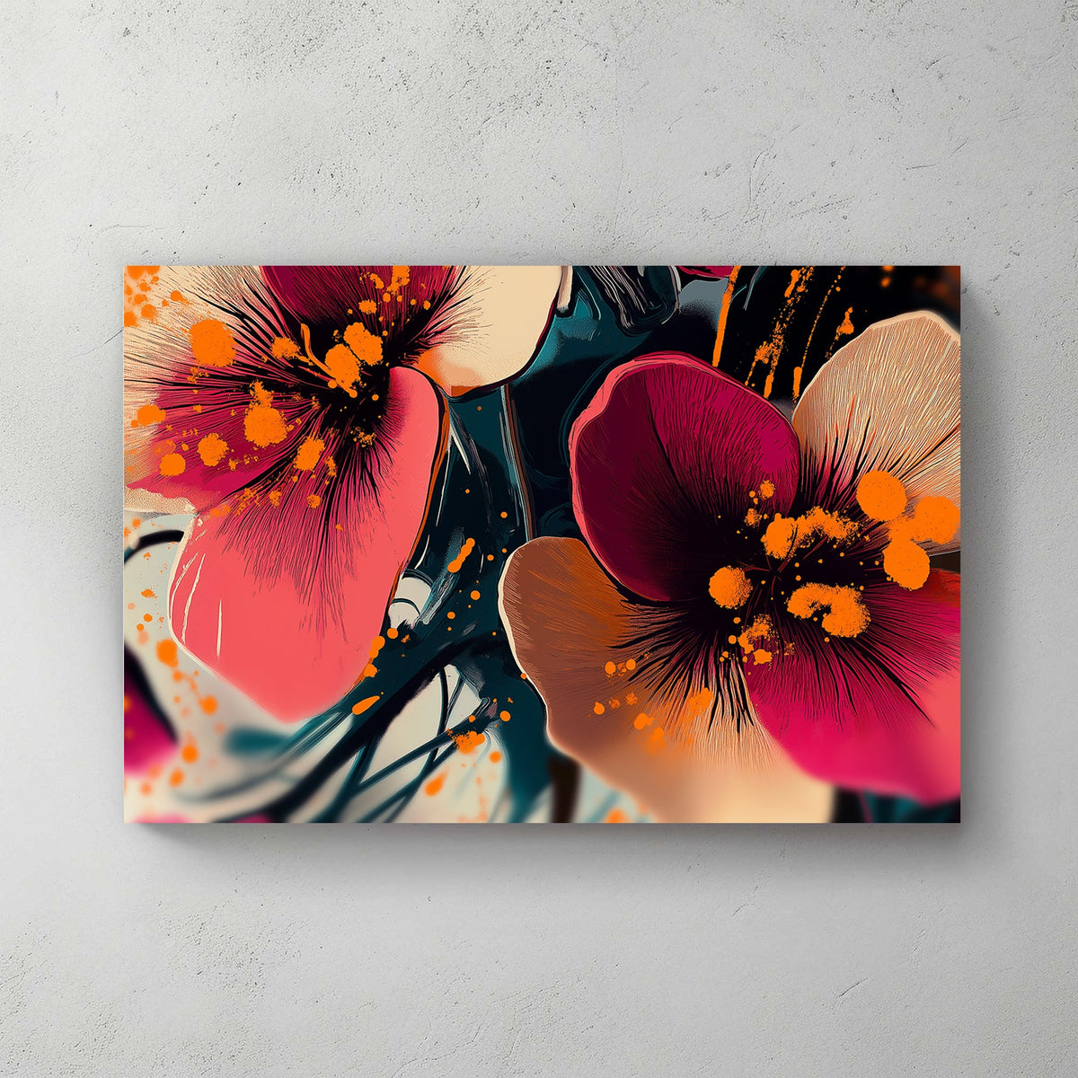 Vibrant floral wall art with pink and orange splashes on a dark abstract background.