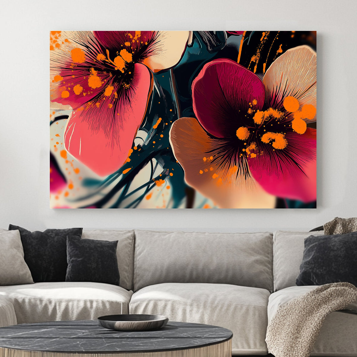 Vibrant floral wall art with pink and orange splashes on a dark abstract background.