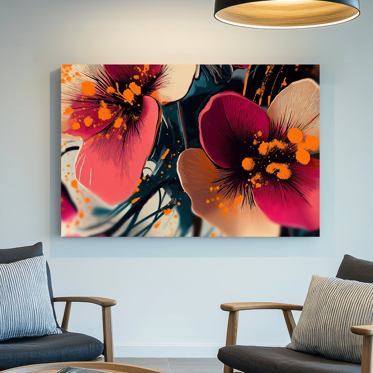 Vibrant floral wall art with pink and orange splashes on a dark abstract background.