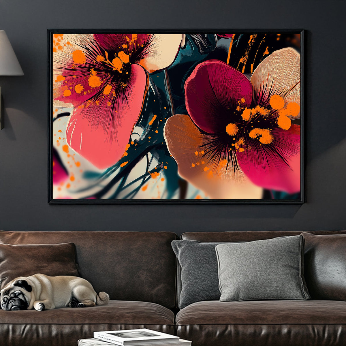 Vibrant floral wall art with pink and orange splashes on a dark abstract background.