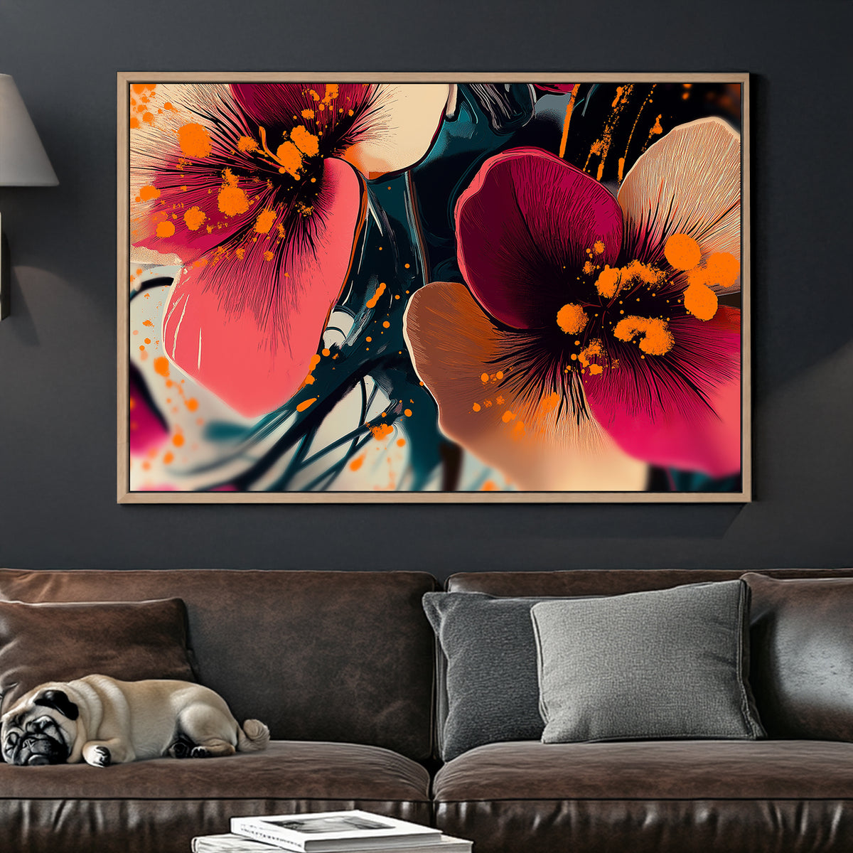 Vibrant floral wall art with pink and orange splashes on a dark abstract background.