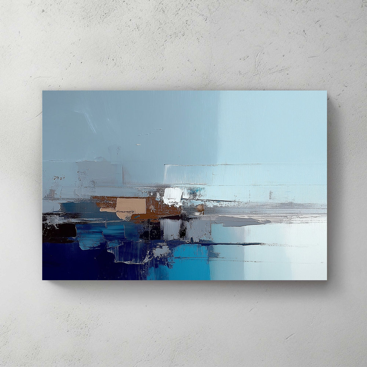 Abstract cityscape wall art in shades of blue, grey, and brown with reflective textures.