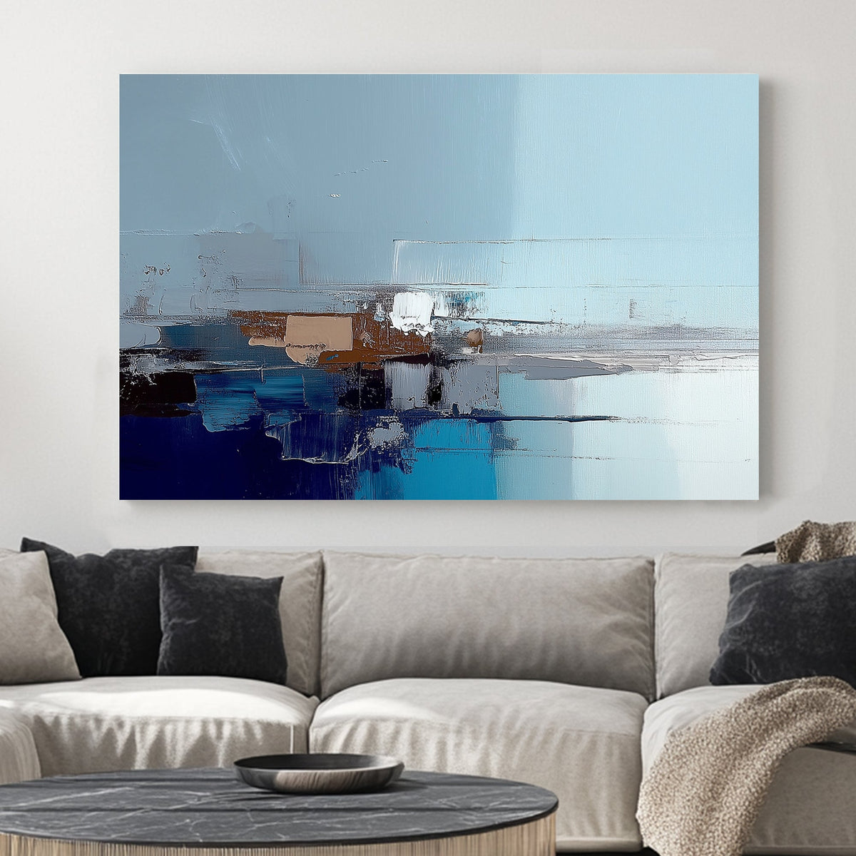 Abstract cityscape wall art in shades of blue, grey, and brown with reflective textures.