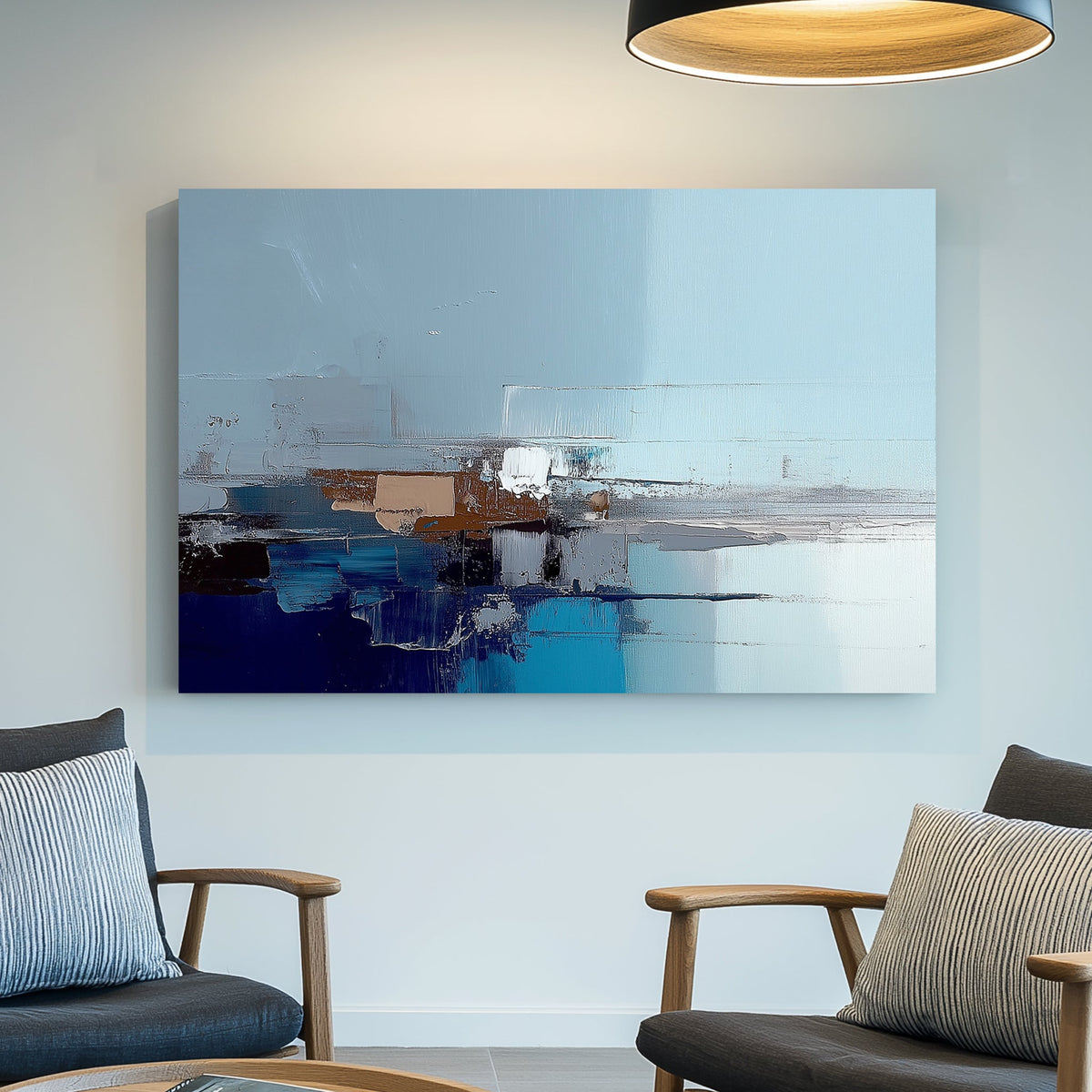 Abstract cityscape wall art in shades of blue, grey, and brown with reflective textures.