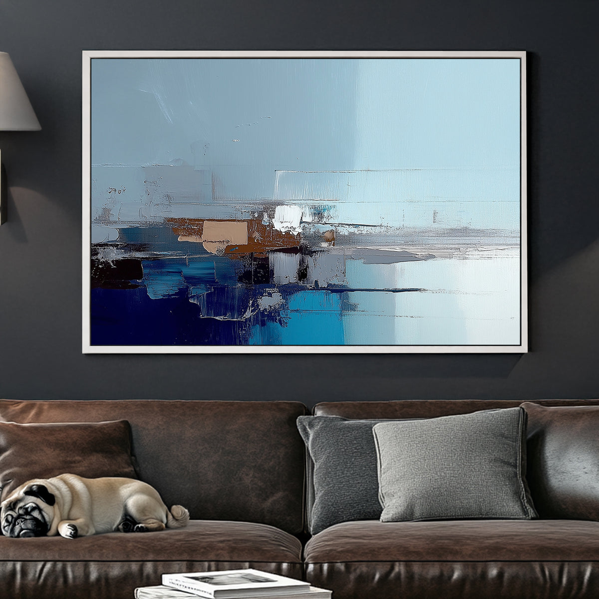 Abstract cityscape wall art in shades of blue, grey, and brown with reflective textures.