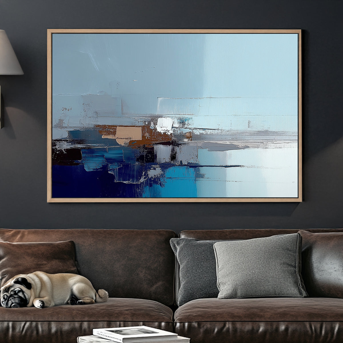 Abstract cityscape wall art in shades of blue, grey, and brown with reflective textures.