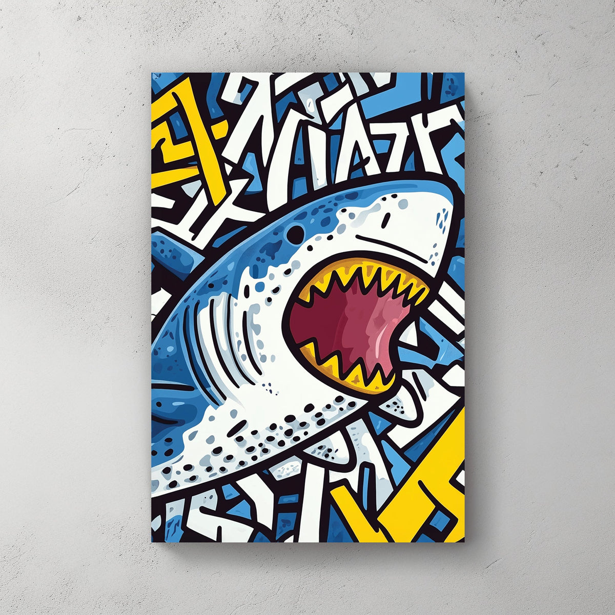 Graffiti-style shark wall art with bold colours and street art elements.