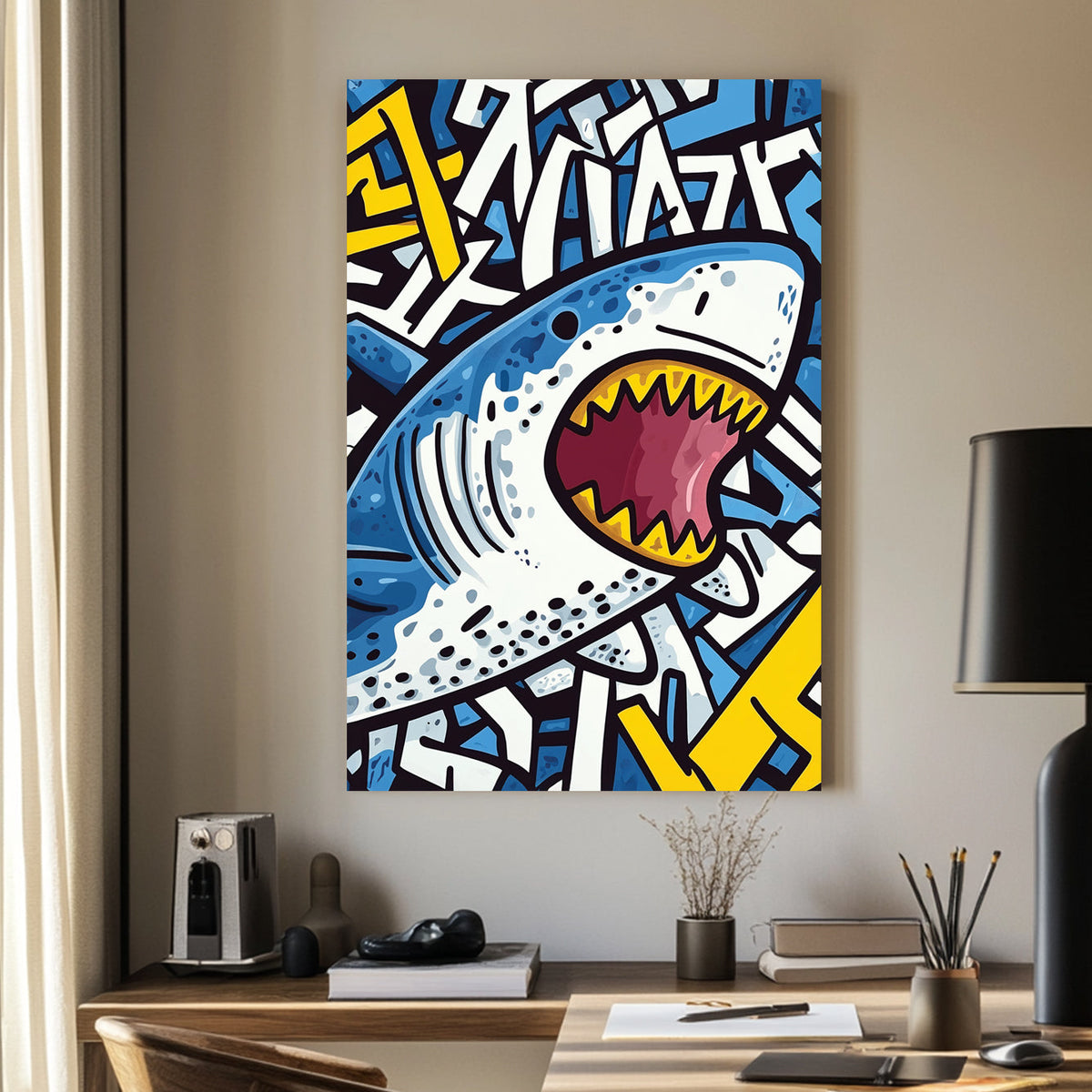 Graffiti-style shark wall art with bold colours and street art elements.