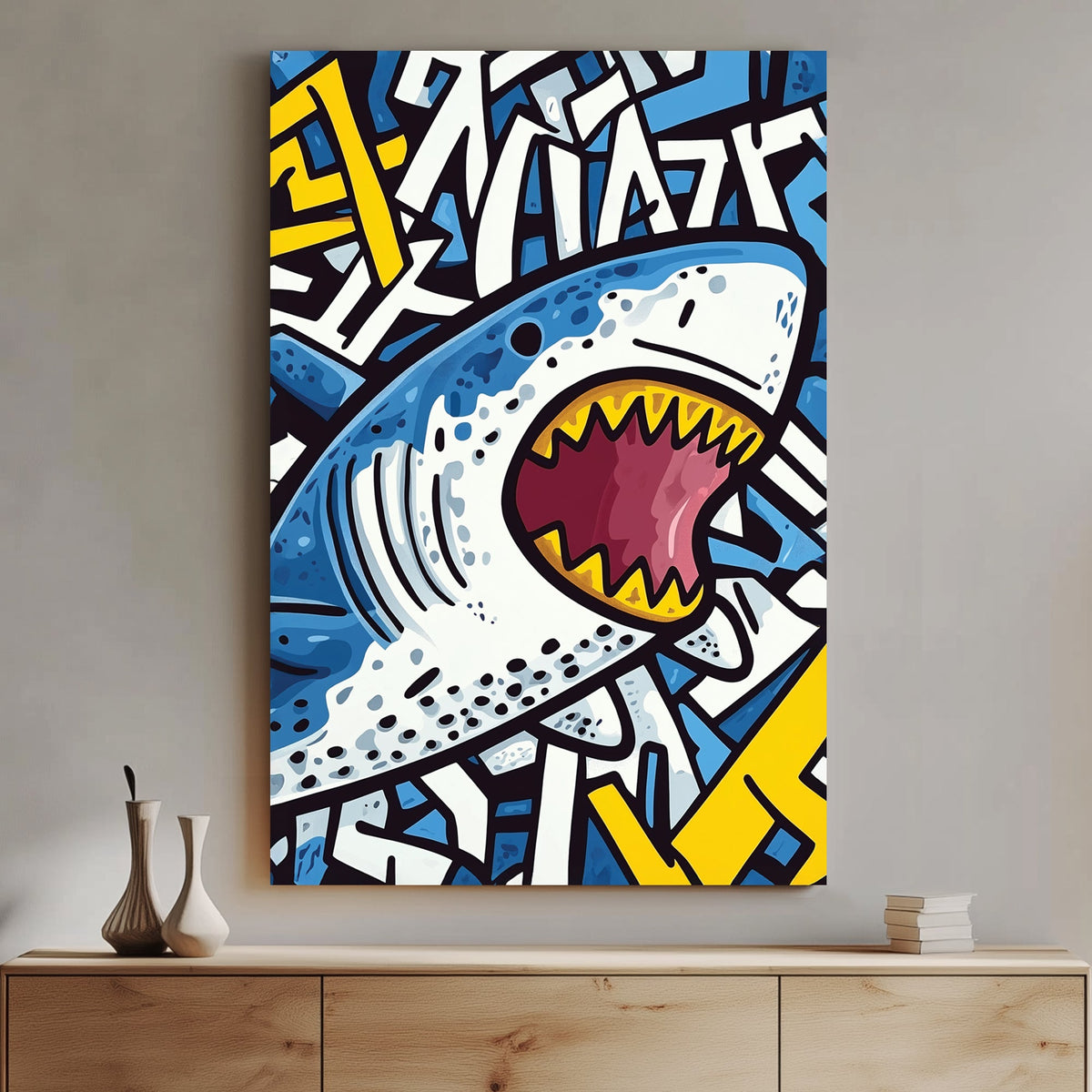 Graffiti-style shark wall art with bold colours and street art elements.