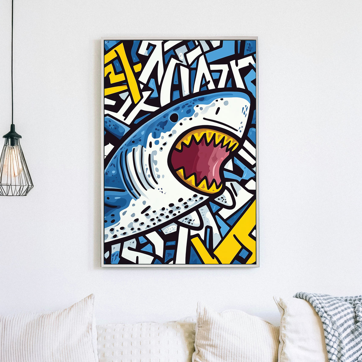 Graffiti-style shark wall art with bold colours and street art elements.