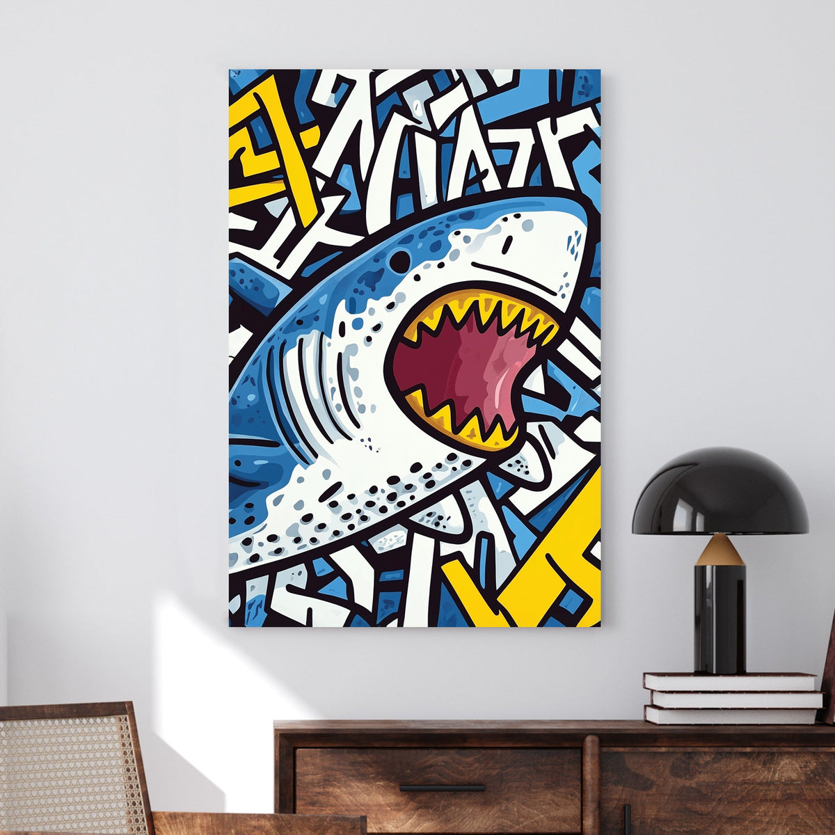 Graffiti-style shark wall art with bold colours and street art elements.