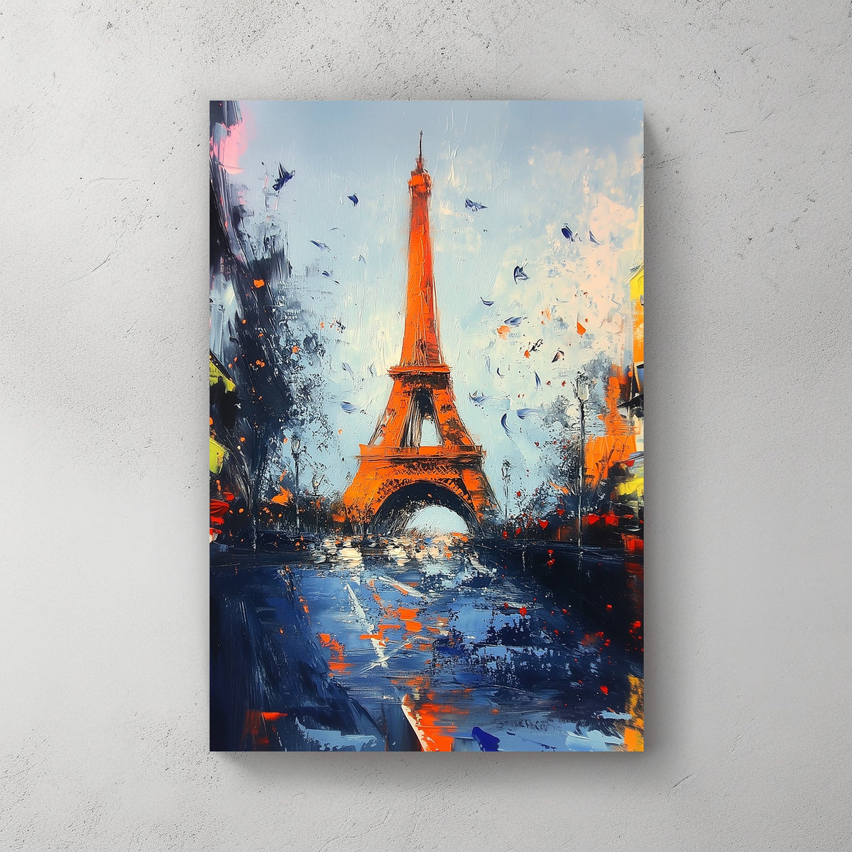 Eiffel Tower abstract cityscape wall art with bold colours and textured brushstrokes.