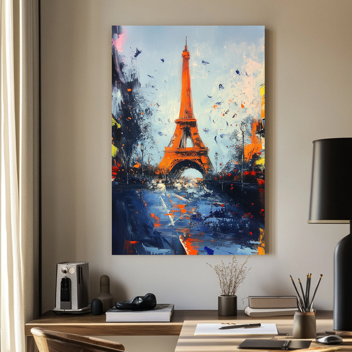 Eiffel Tower abstract cityscape wall art with bold colours and textured brushstrokes.