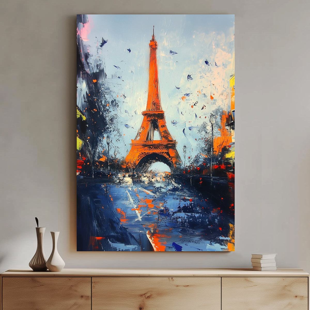 Eiffel Tower abstract cityscape wall art with bold colours and textured brushstrokes.