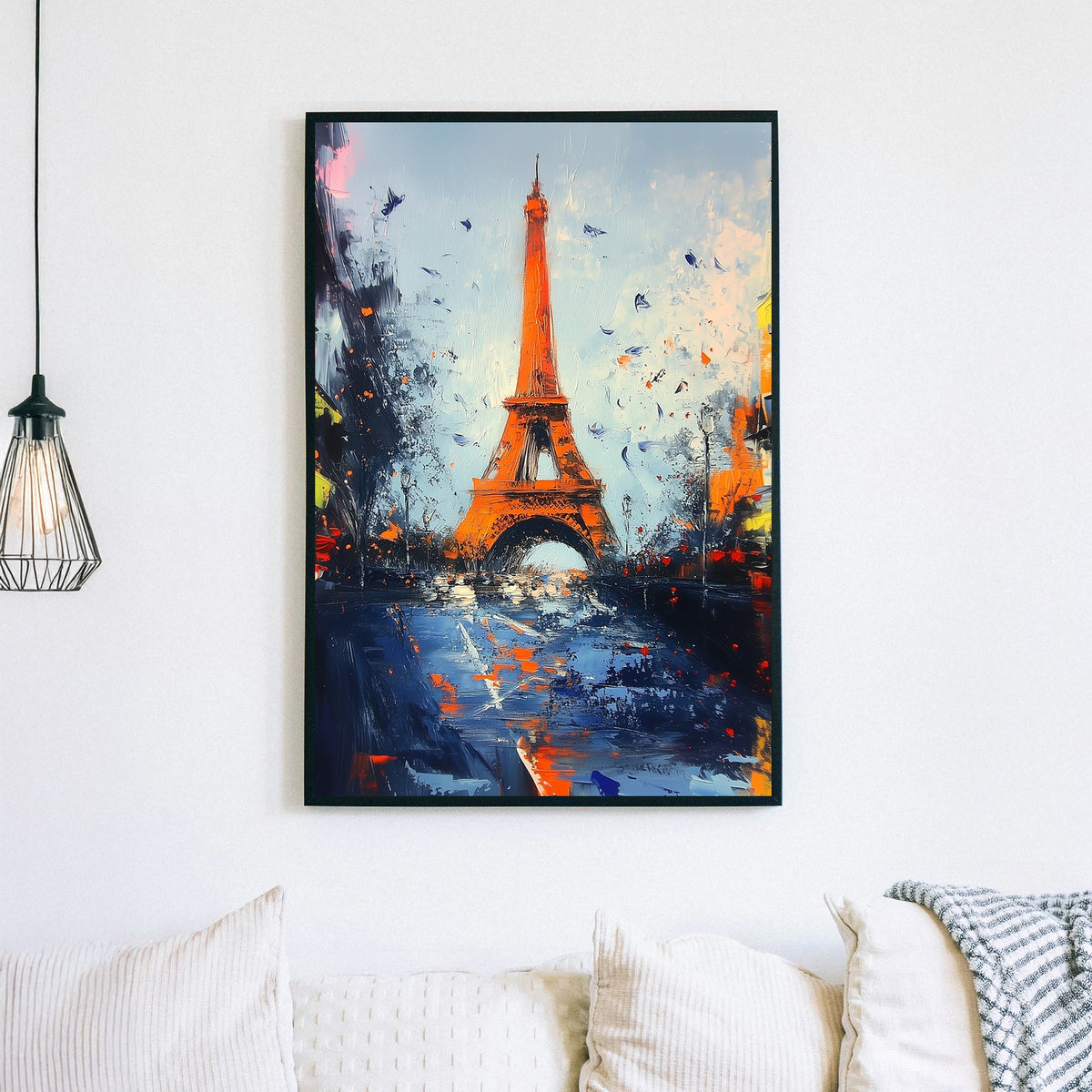 Eiffel Tower abstract cityscape wall art with bold colours and textured brushstrokes.
