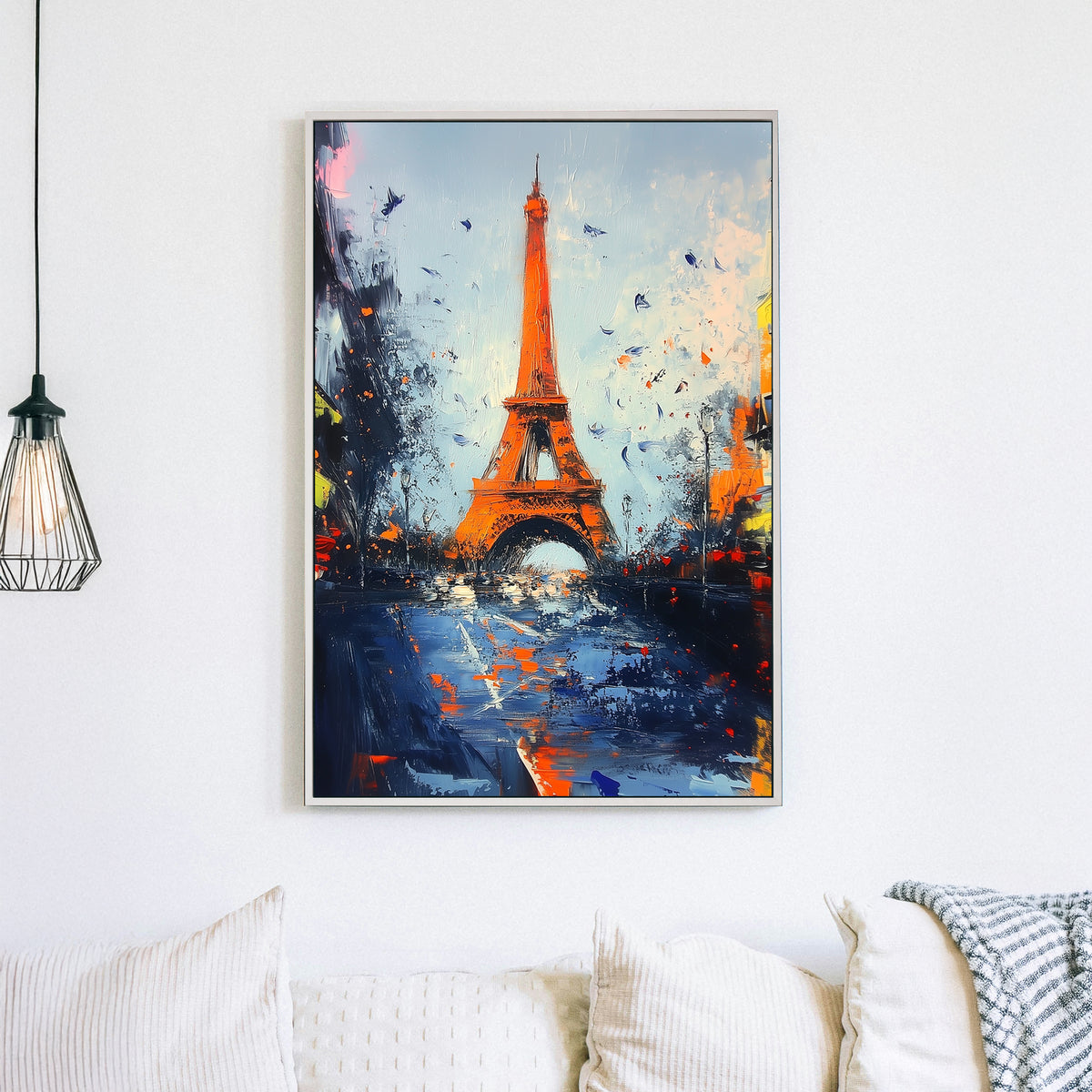 Eiffel Tower abstract cityscape wall art with bold colours and textured brushstrokes.