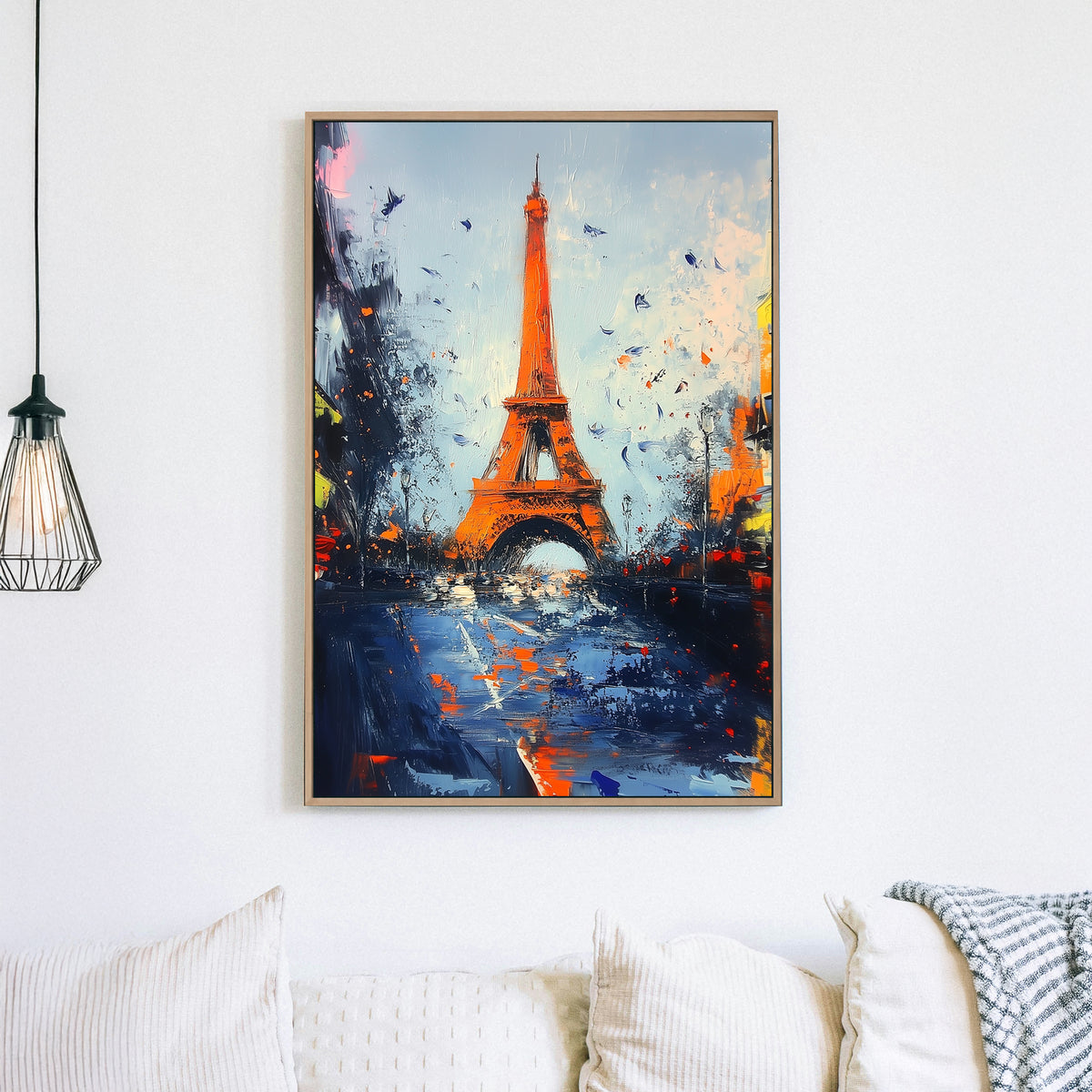 Eiffel Tower abstract cityscape wall art with bold colours and textured brushstrokes.