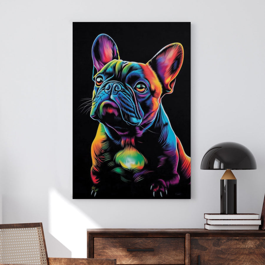 Neon French Bulldog wall art with vibrant colours on a black background.