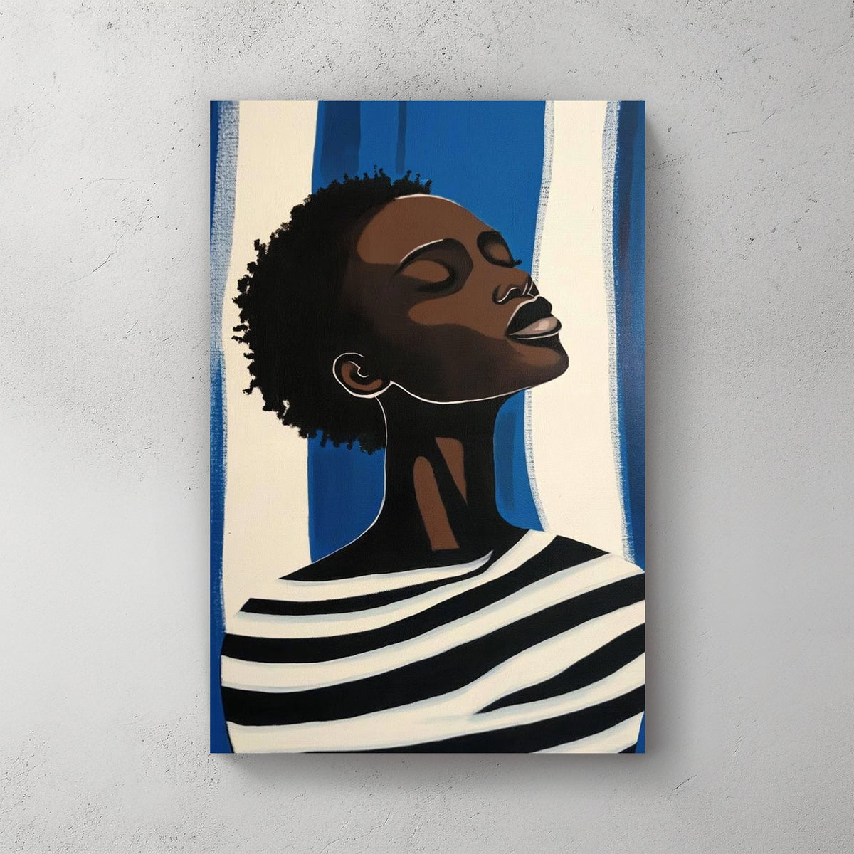 Minimalist portrait wall art of a woman in striped clothing against a blue and white background.