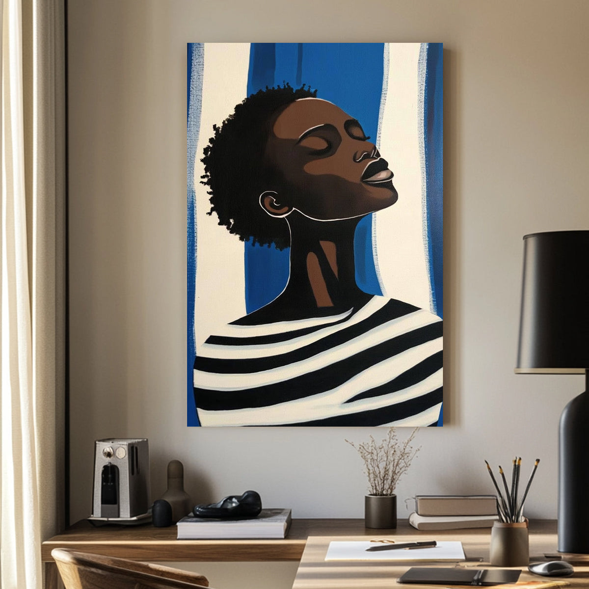 Minimalist portrait wall art of a woman in striped clothing against a blue and white background.