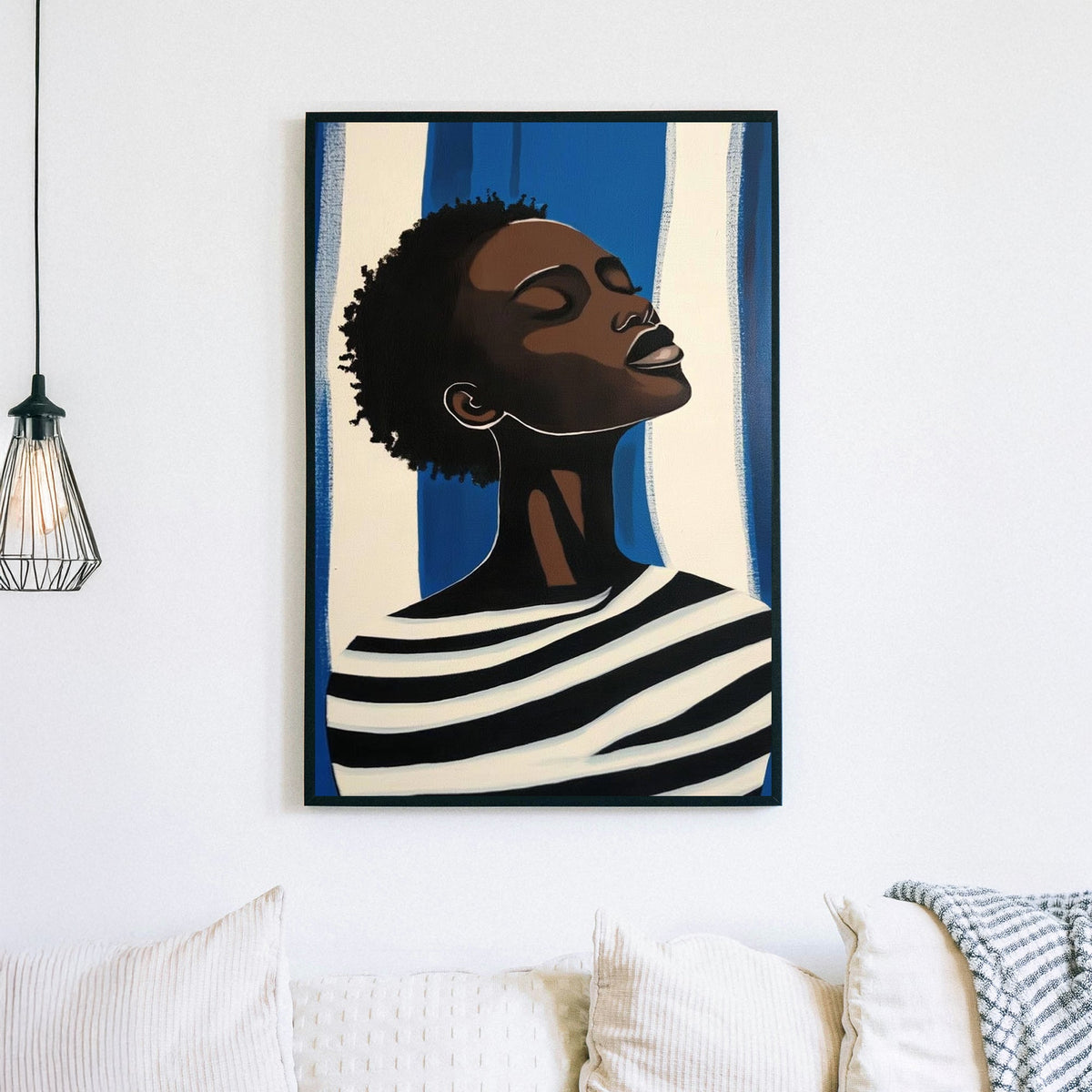 Minimalist portrait wall art of a woman in striped clothing against a blue and white background.