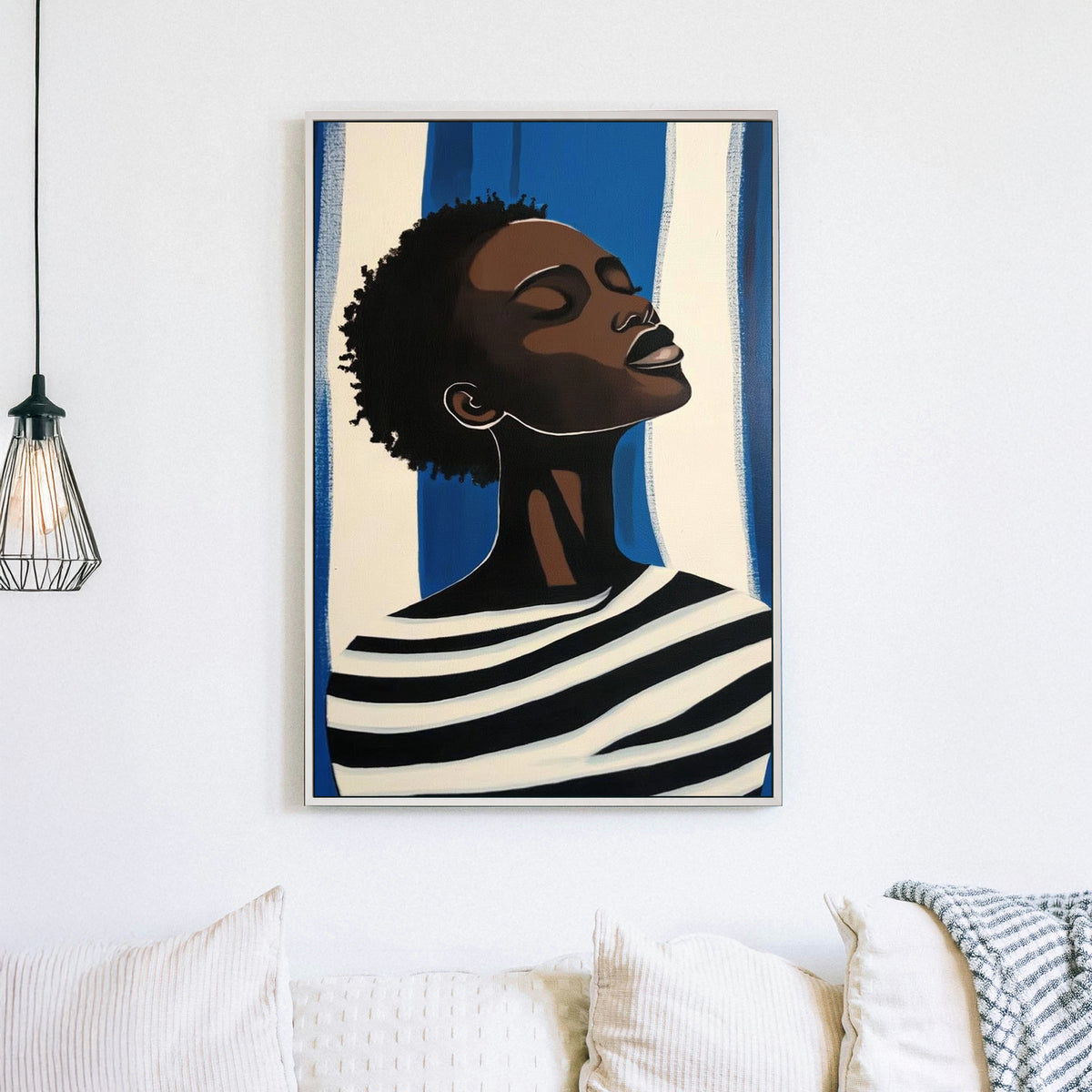 Minimalist portrait wall art of a woman in striped clothing against a blue and white background.