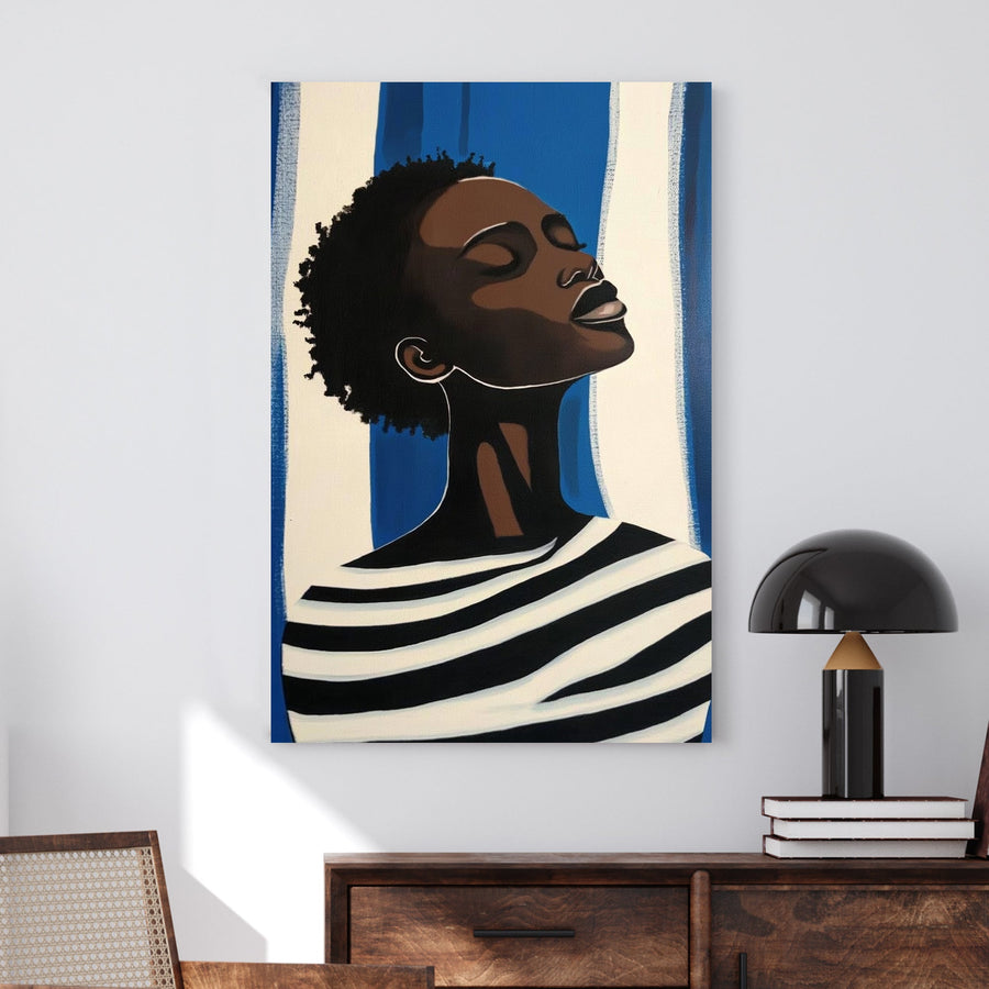 Minimalist portrait wall art of a woman in striped clothing against a blue and white background.