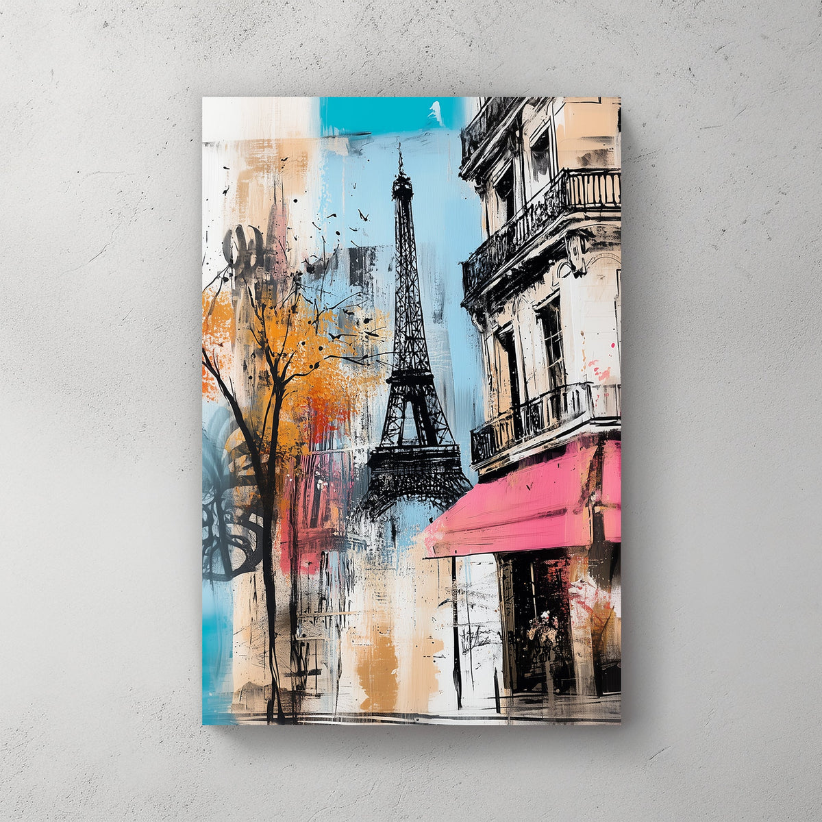 Modern Paris wall art featuring the Eiffel Tower and a Parisian café with bold artistic brushstrokes.