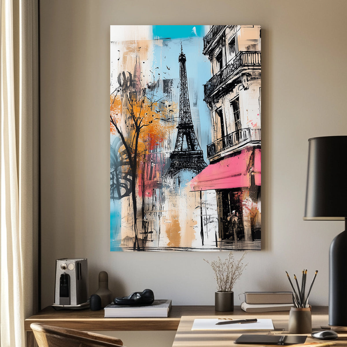 Modern Paris wall art featuring the Eiffel Tower and a Parisian café with bold artistic brushstrokes.