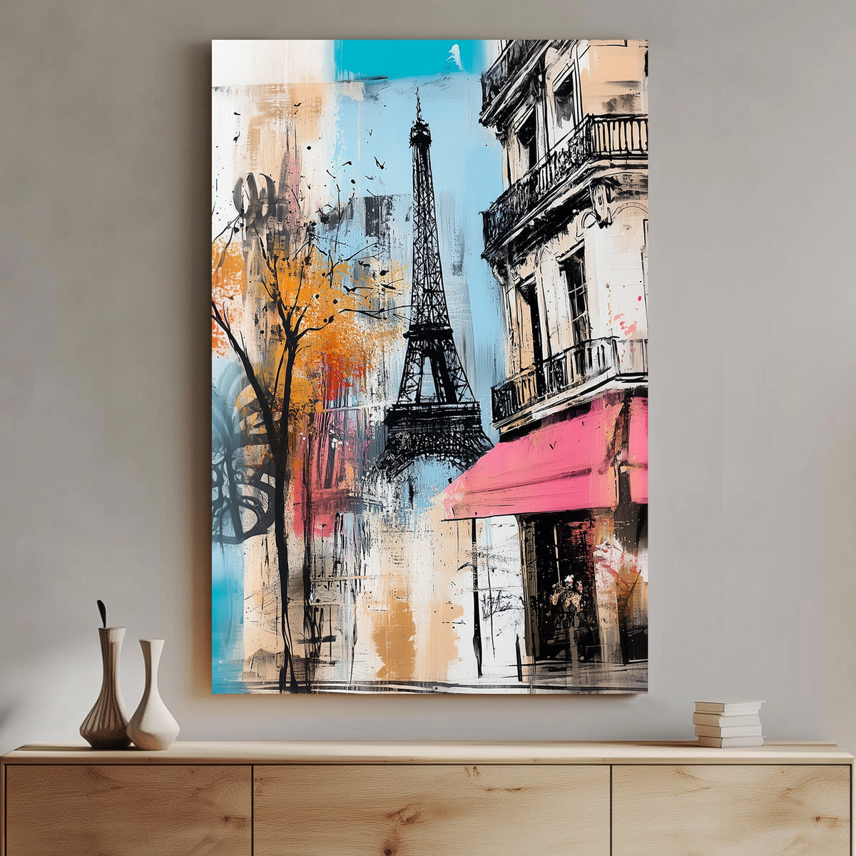 Modern Paris wall art featuring the Eiffel Tower and a Parisian café with bold artistic brushstrokes.