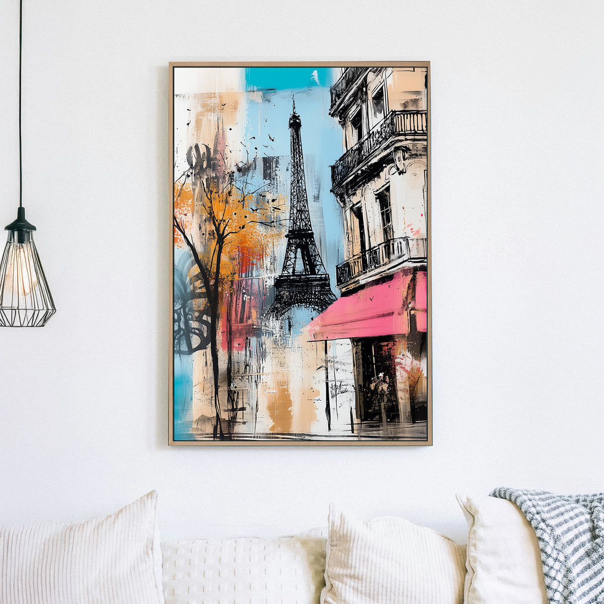 Modern Paris wall art featuring the Eiffel Tower and a Parisian café with bold artistic brushstrokes.