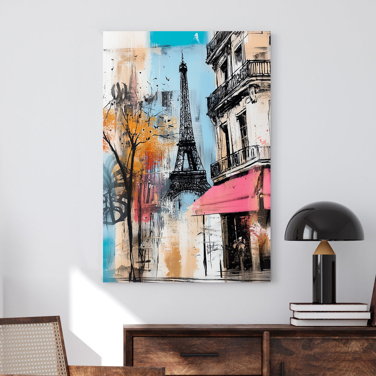 Modern Paris wall art featuring the Eiffel Tower and a Parisian café with bold artistic brushstrokes.