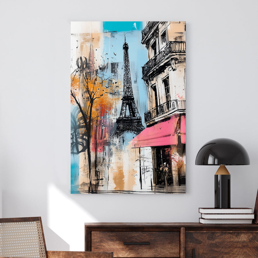 Modern Paris wall art featuring the Eiffel Tower and a Parisian café with bold artistic brushstrokes.