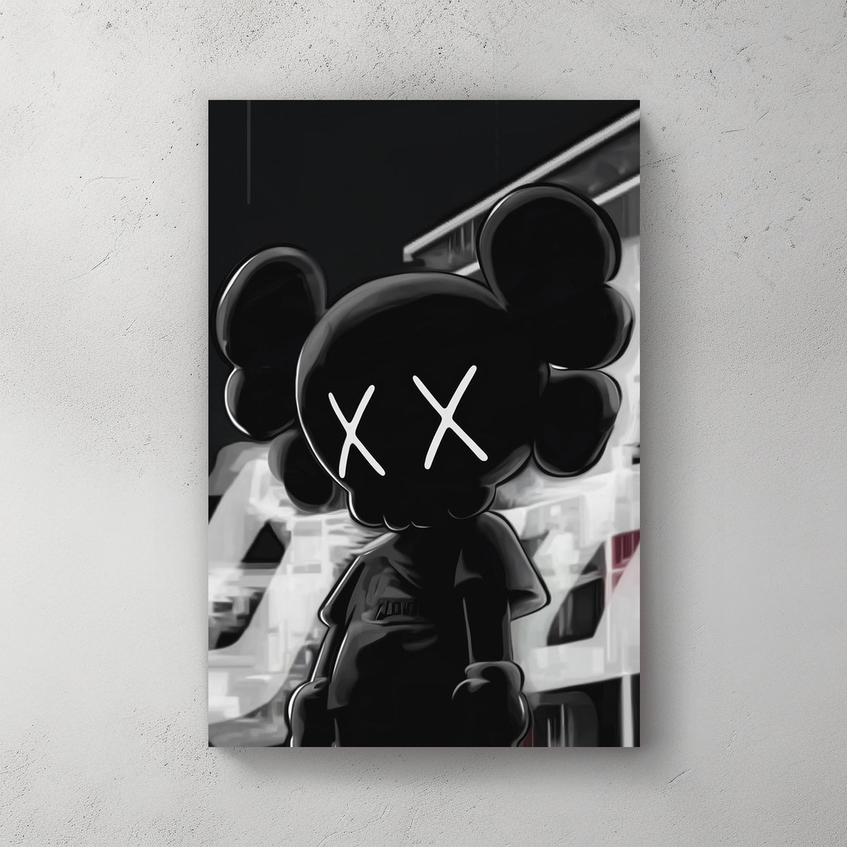 Black and white street-style wall art featuring an KAWS character with X eyes.