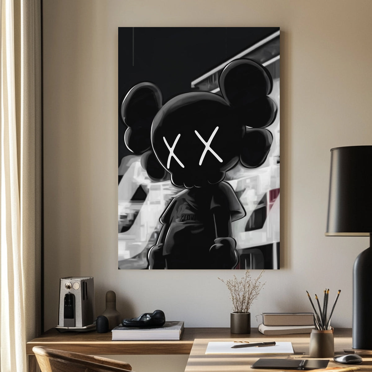 Black and white street-style wall art featuring an KAWS character with X eyes.