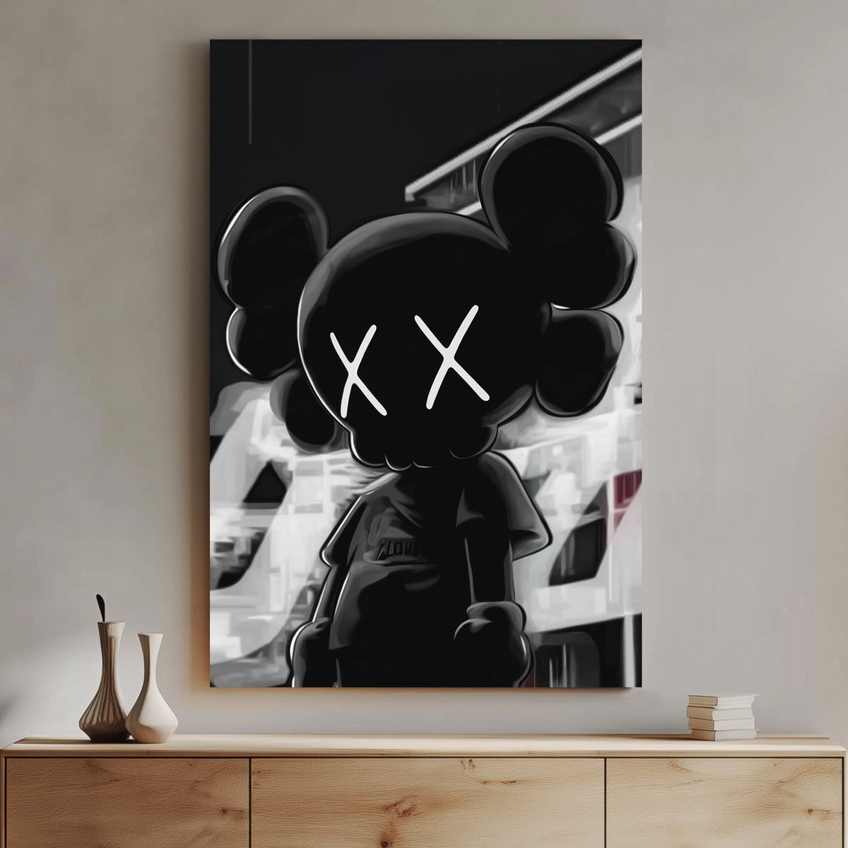 Black and white street-style wall art featuring an KAWS character with X eyes.