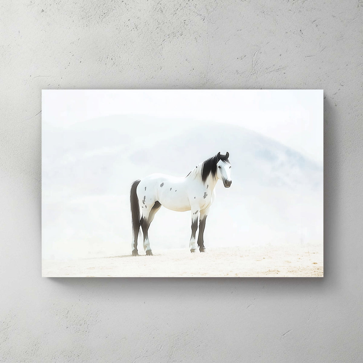 Majestic white and black mustang wall art with a misty, ethereal backdrop.