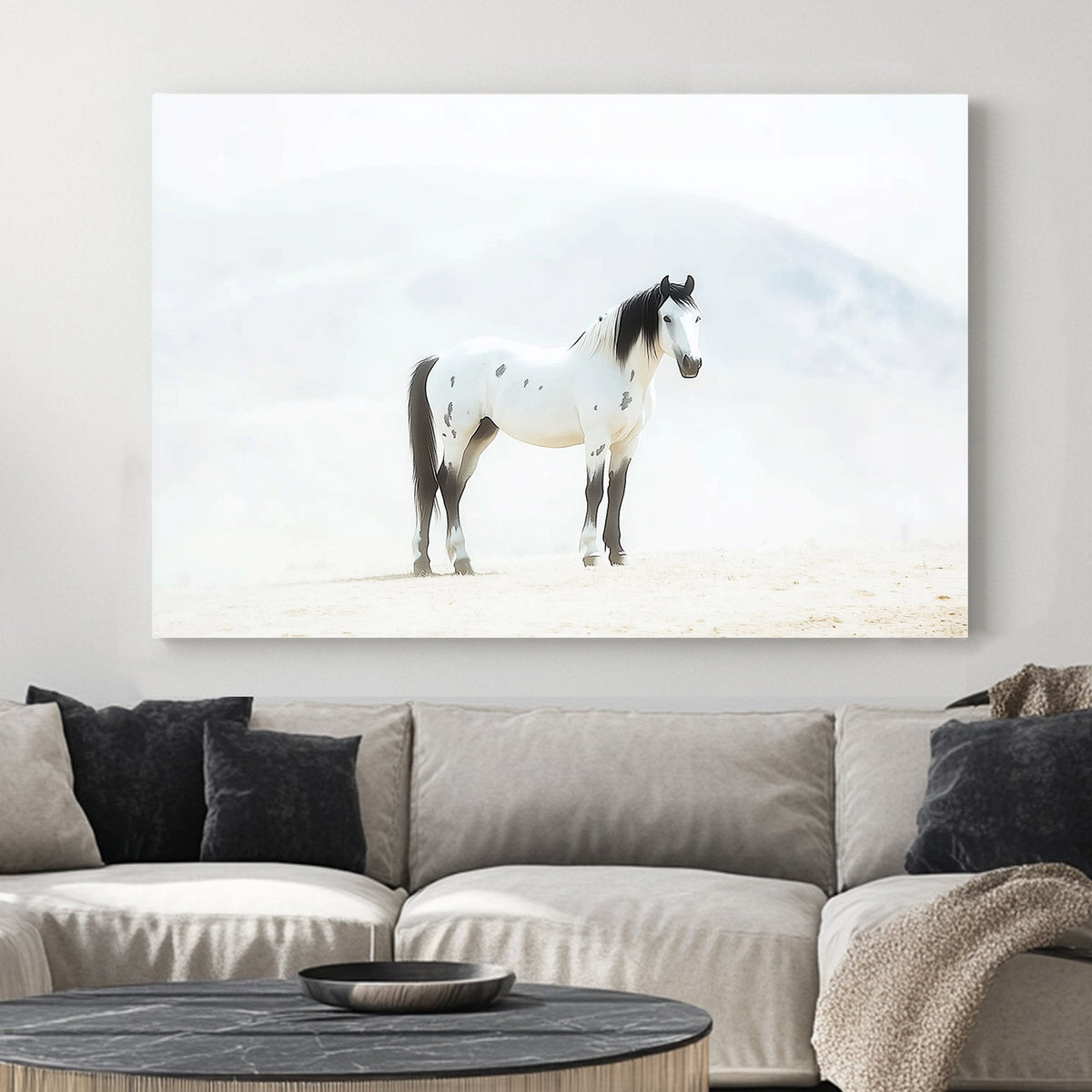 Majestic white and black mustang wall art with a misty, ethereal backdrop.