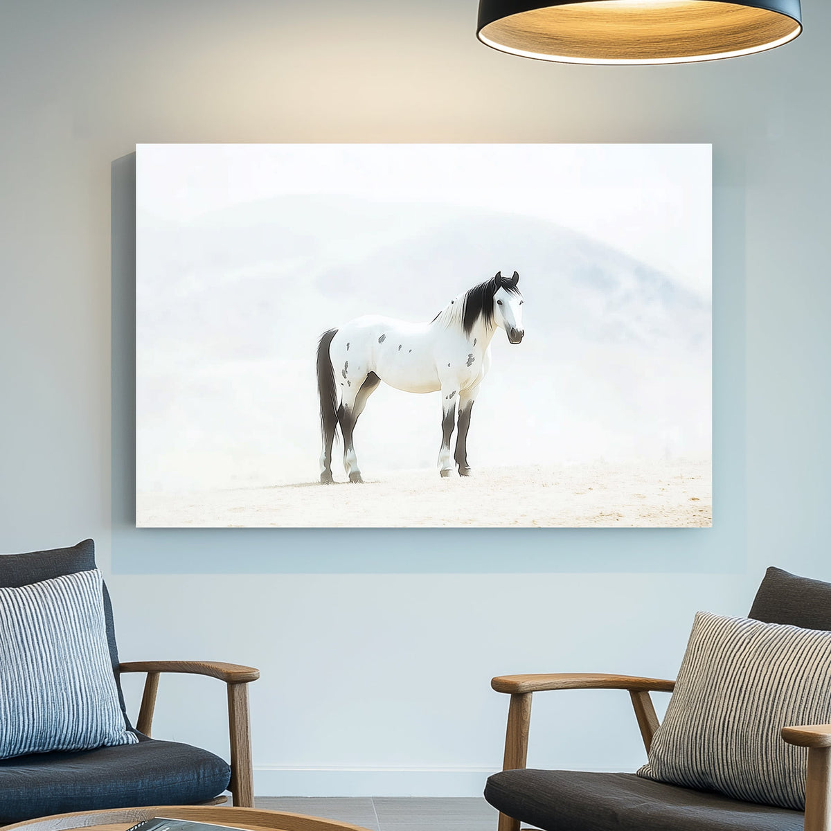 Majestic white and black mustang wall art with a misty, ethereal backdrop.