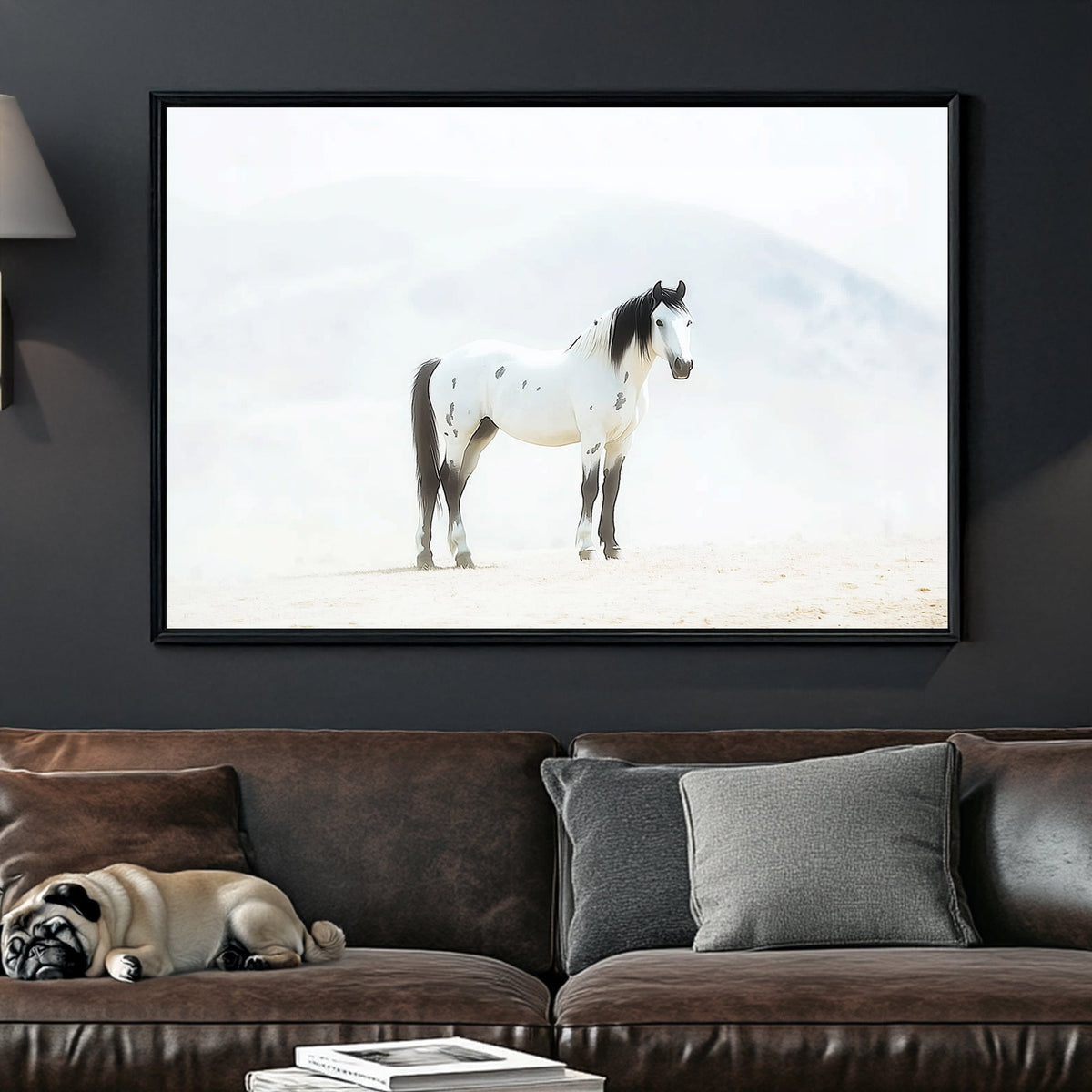 Majestic white and black mustang wall art with a misty, ethereal backdrop.