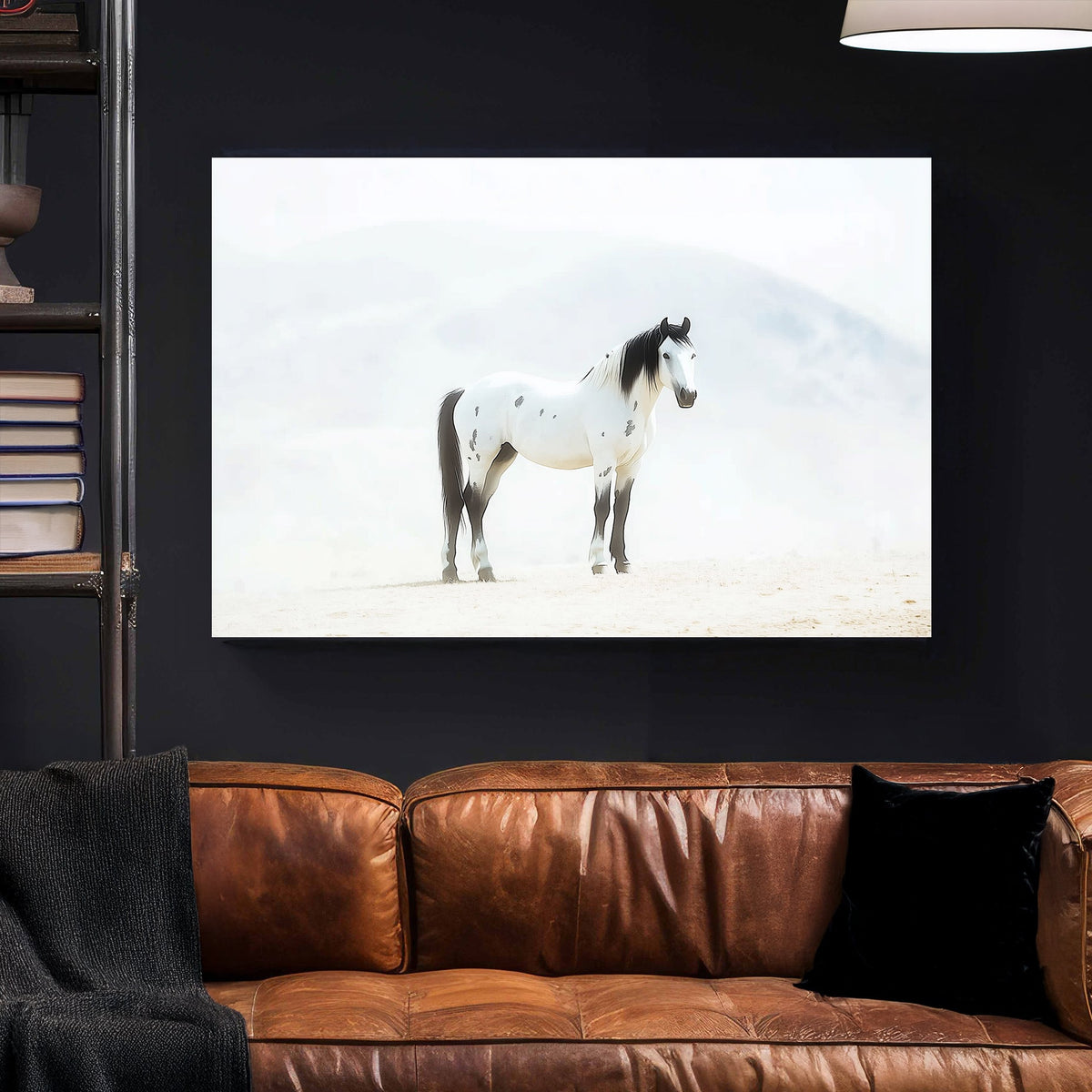 Majestic white and black mustang wall art with a misty, ethereal backdrop.