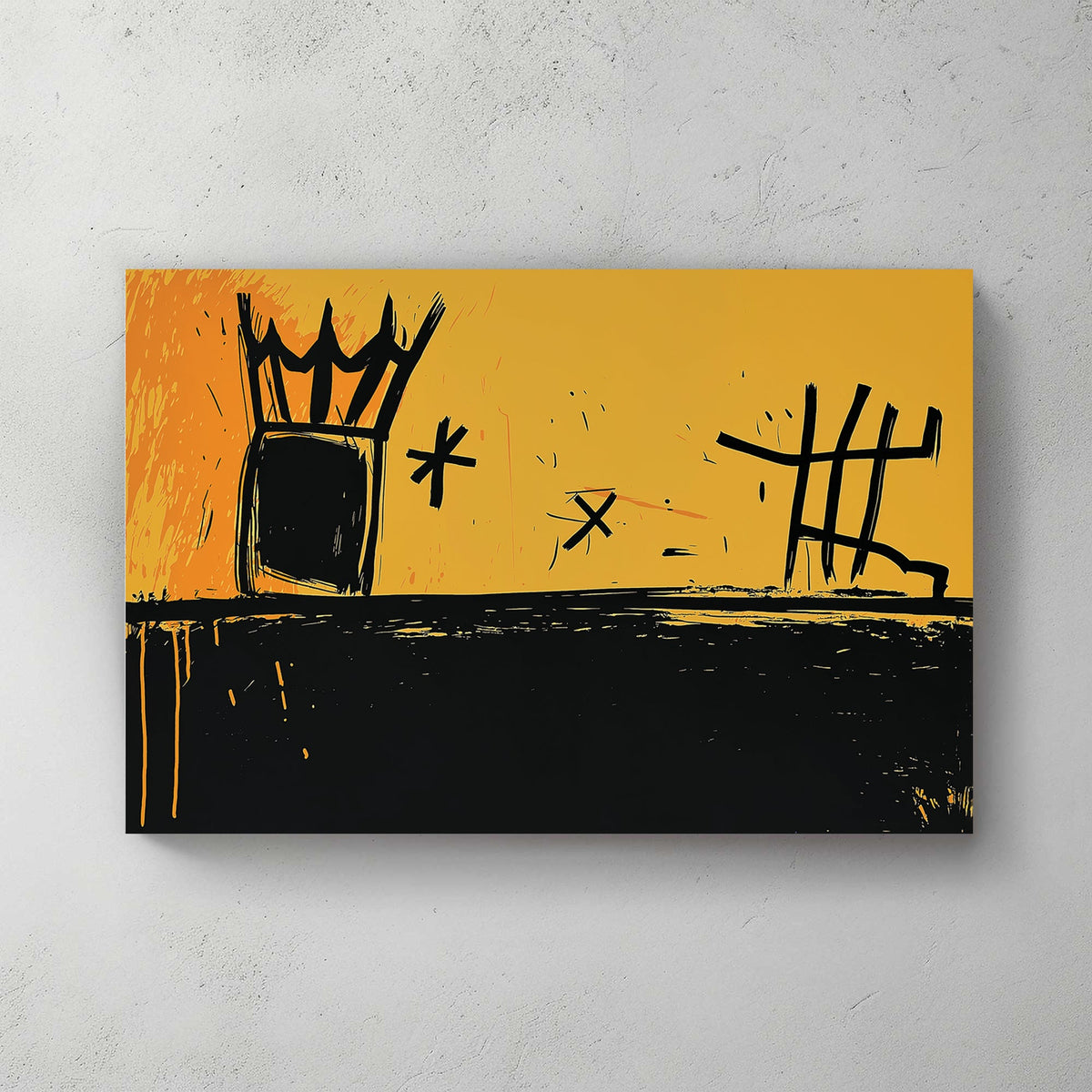 Abstract graffiti-style crown and symbols wall art in yellow and black.