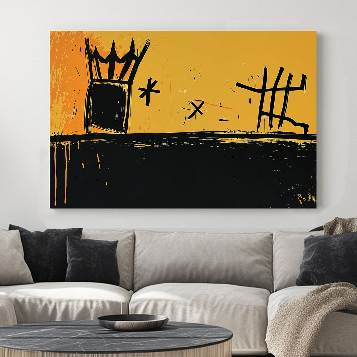 Abstract graffiti-style crown and symbols wall art in yellow and black.