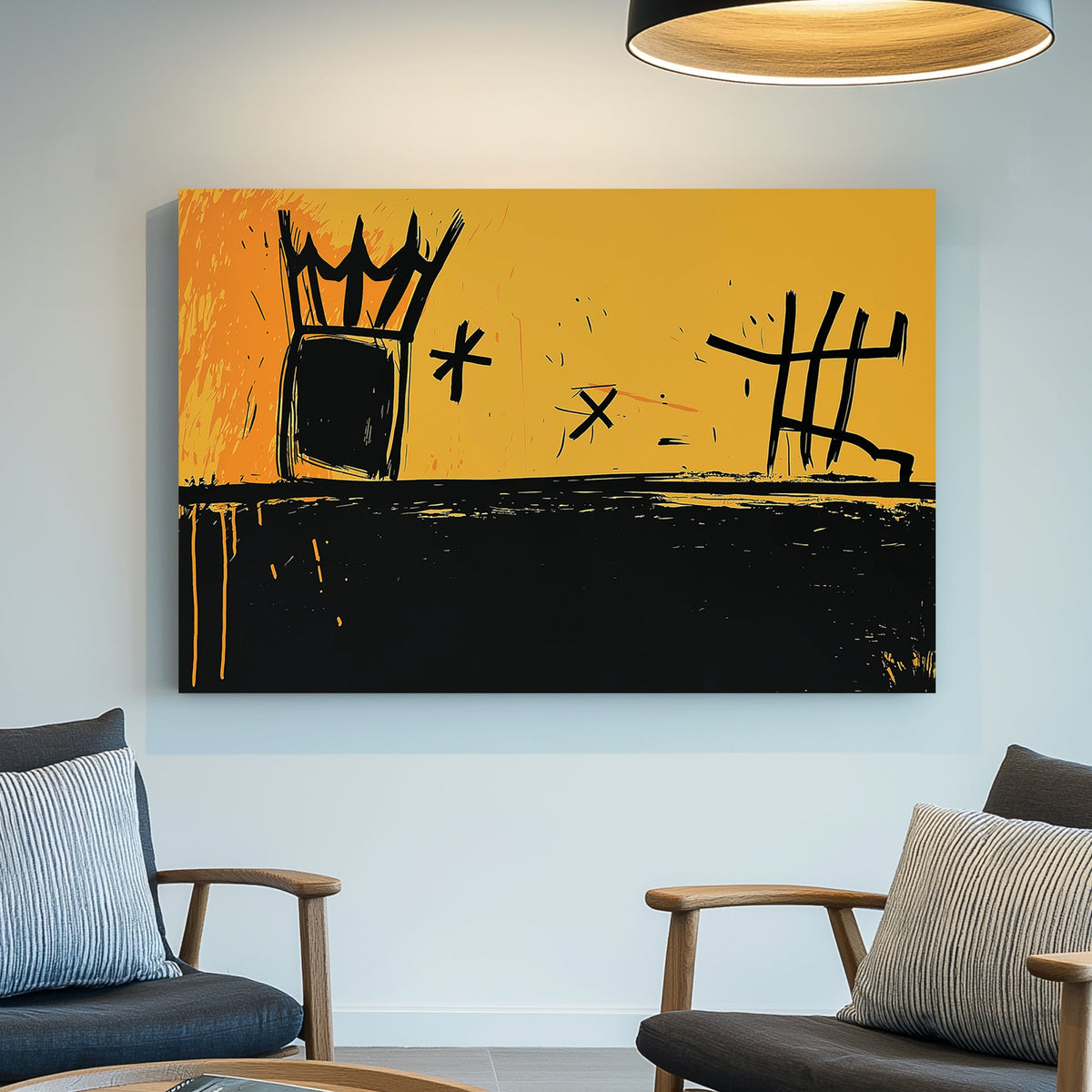 Abstract graffiti-style crown and symbols wall art in yellow and black.
