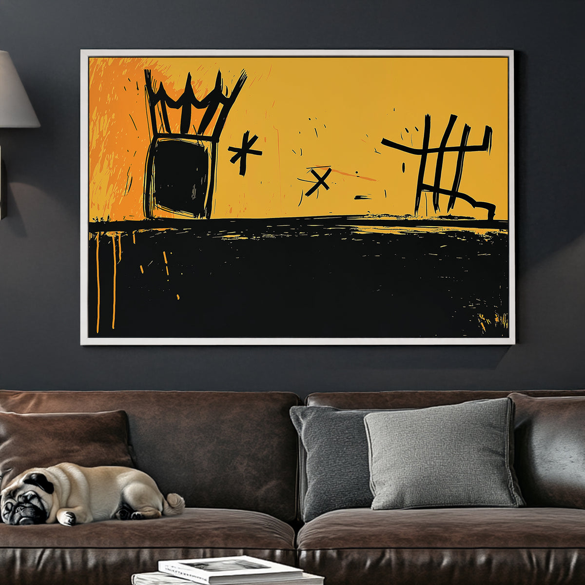 Abstract graffiti-style crown and symbols wall art in yellow and black.