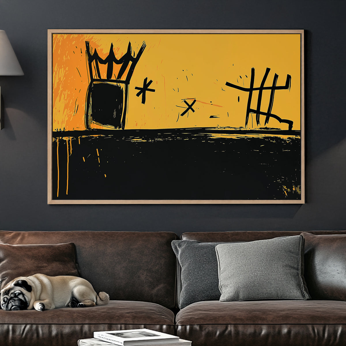 Abstract graffiti-style crown and symbols wall art in yellow and black.
