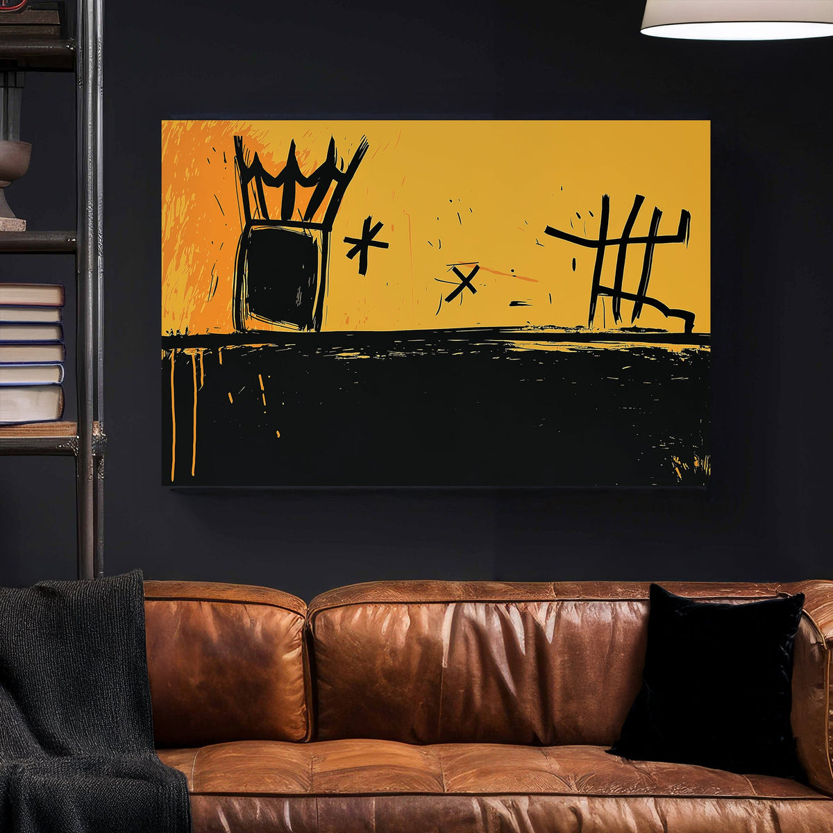 Abstract graffiti-style crown and symbols wall art in yellow and black.