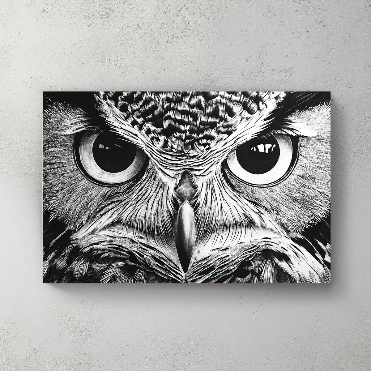 Black and white close-up owl eyes wall art with intricate details.